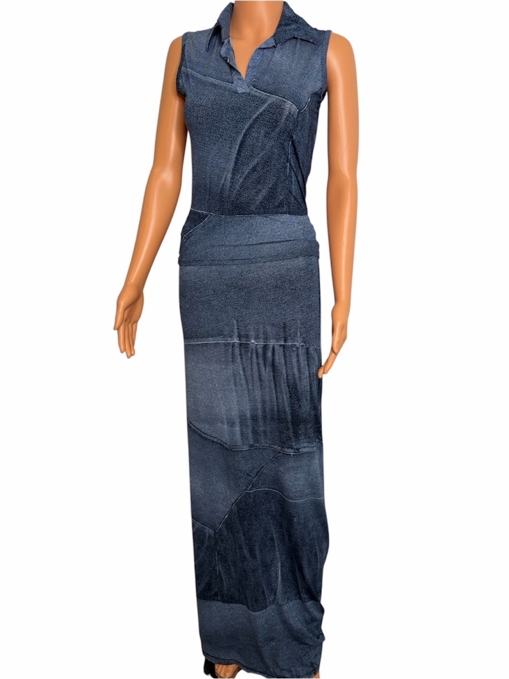 Lissa Paris Y2K Denim Print Two Piece Set Sleeveless Top Maxi Skirt